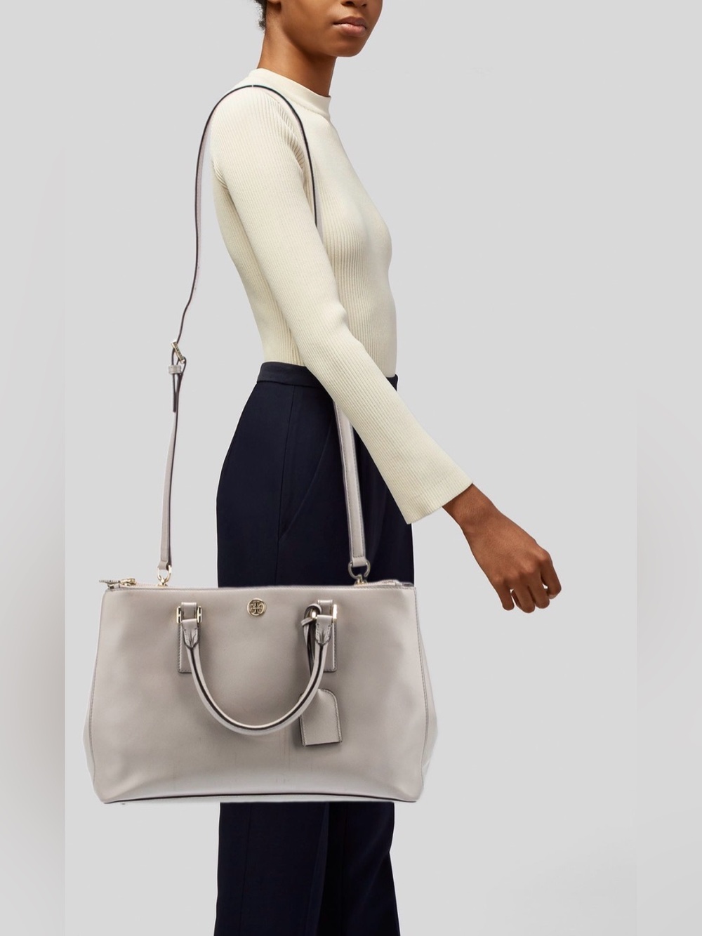 Tory Burch Light Gray Leather Tote with Double Handles and cross body strap
